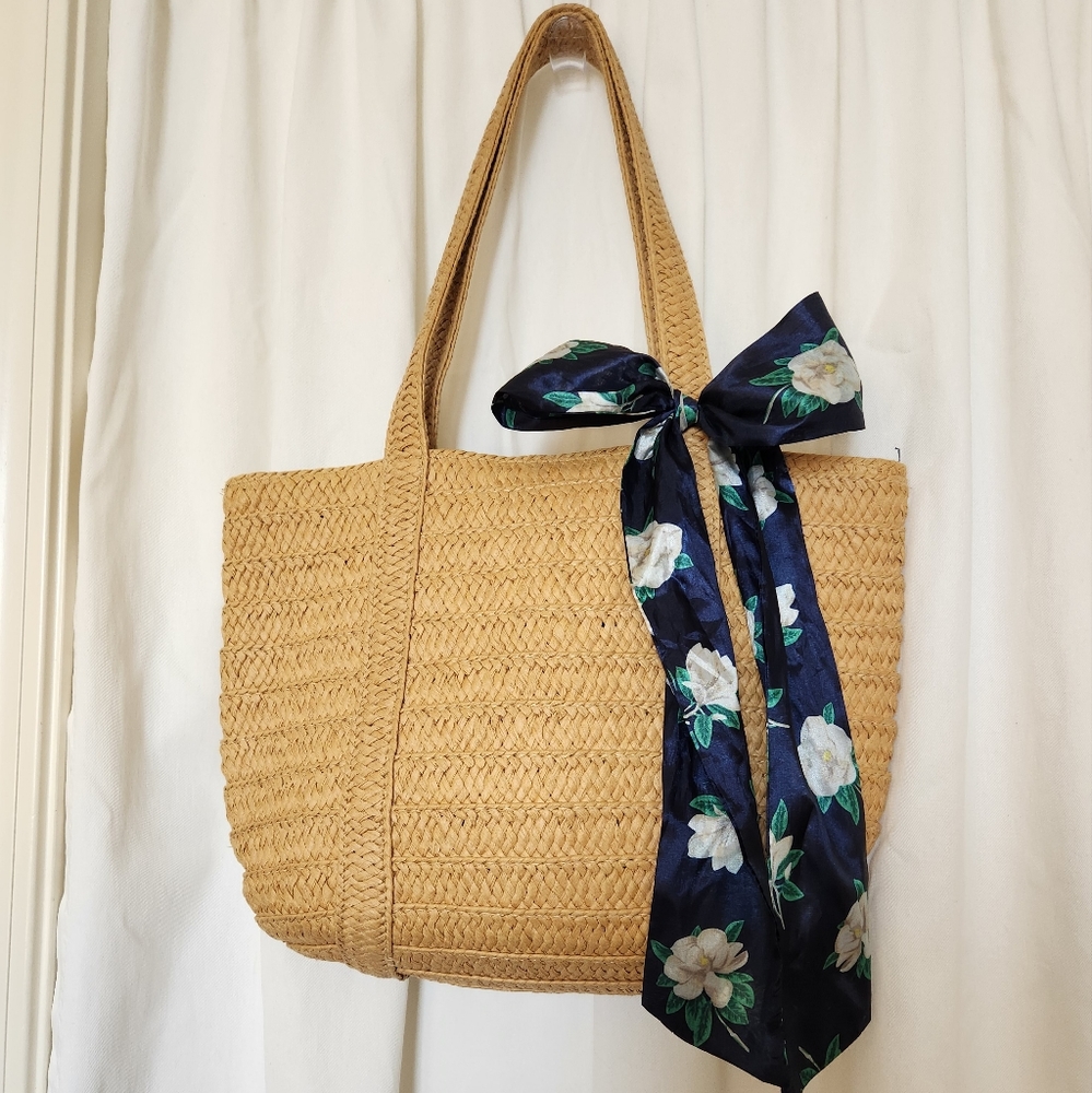 Draper James Straw Handbag with Blue Scarf
